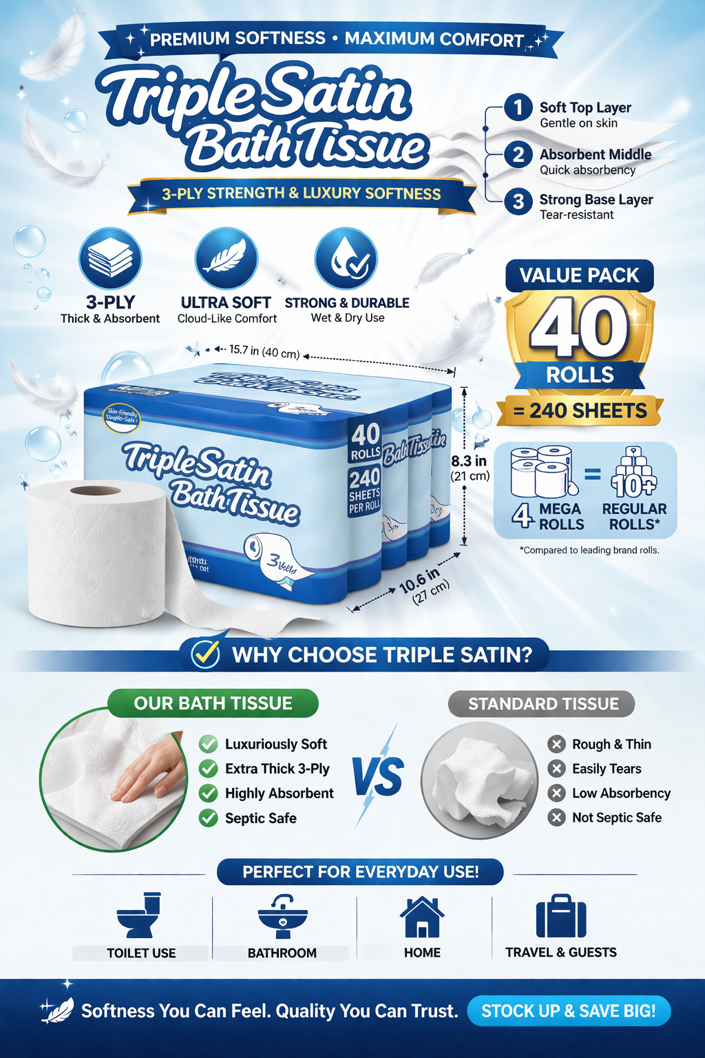 Kirkland Signature Triple Satin 3-Ply Toilet Tissue 40 Rolls – Soft & Absorbent Bulk Pack | UK