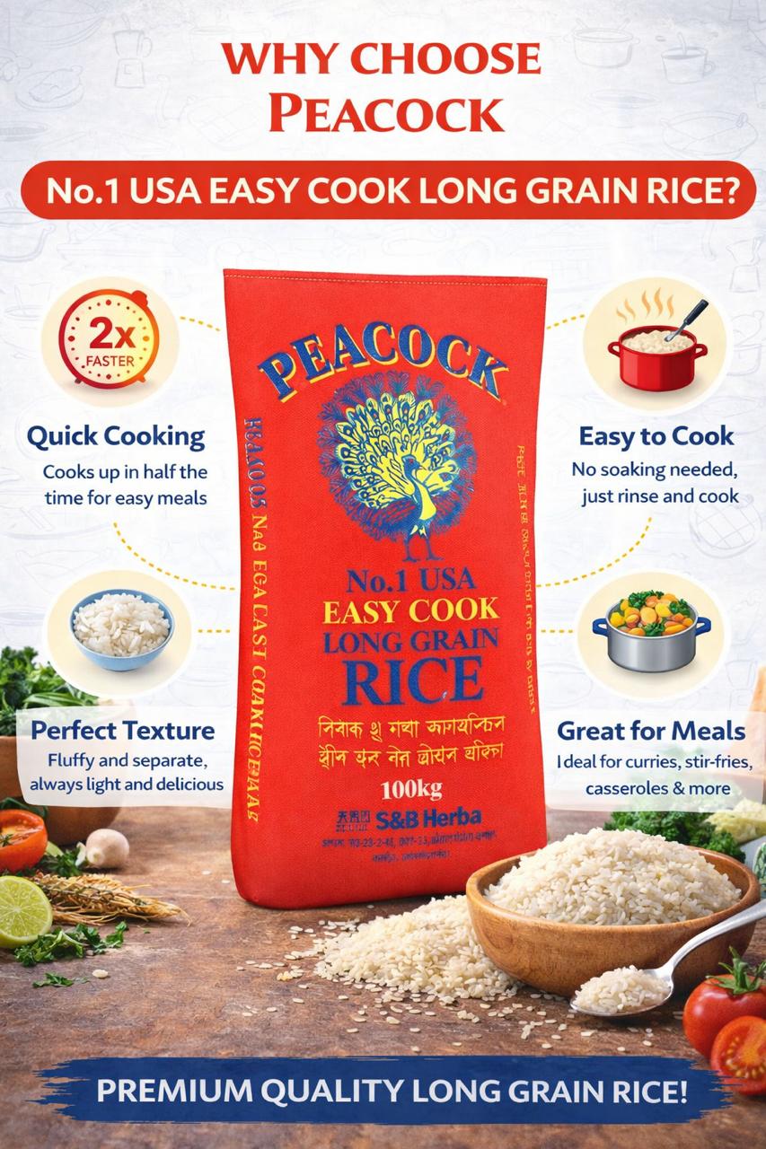 Peacock Easycook Rice 20kg – Bulk Long Grain Easy Cook Rice for Catering | UK