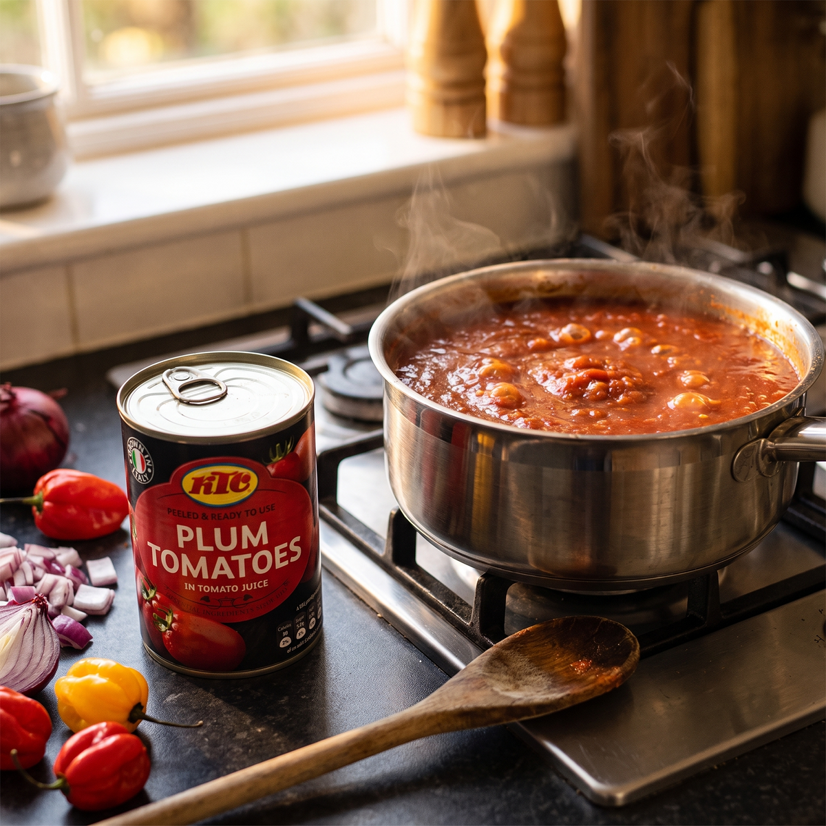 KTC Peeled Plum Tomatoes beside a simmering pot of West African stew base