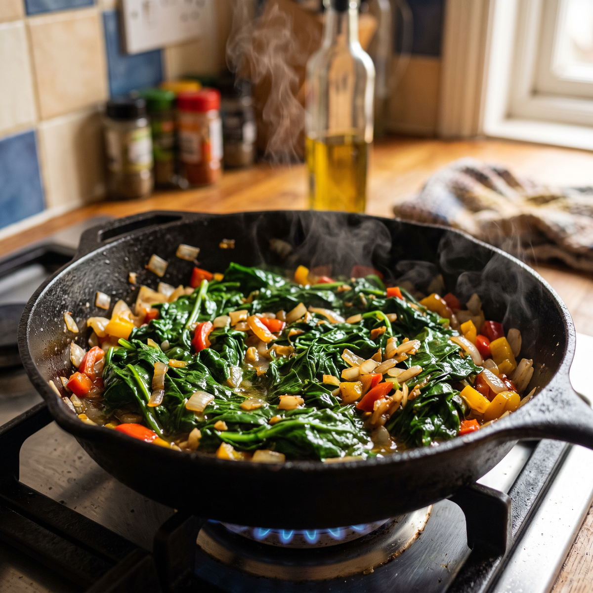 Callaloo being sauteed in a pan with onions and peppers