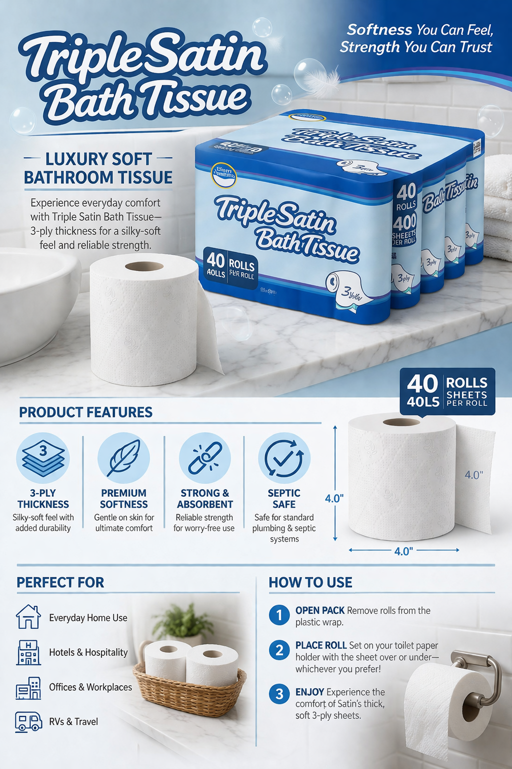 Kirkland Signature Triple Satin 3-Ply Toilet Tissue 40 Rolls – Soft & Absorbent Bulk Pack | UK