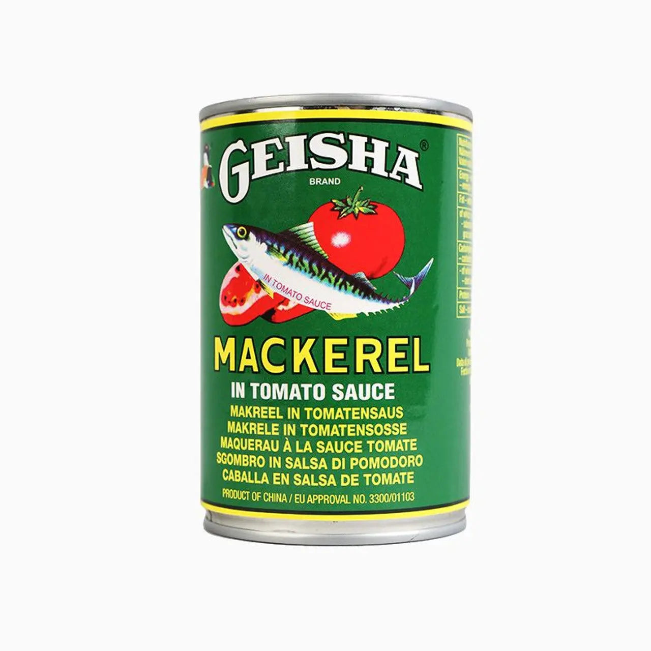 Geisha brand mackerel in tomato sauce can on a white background