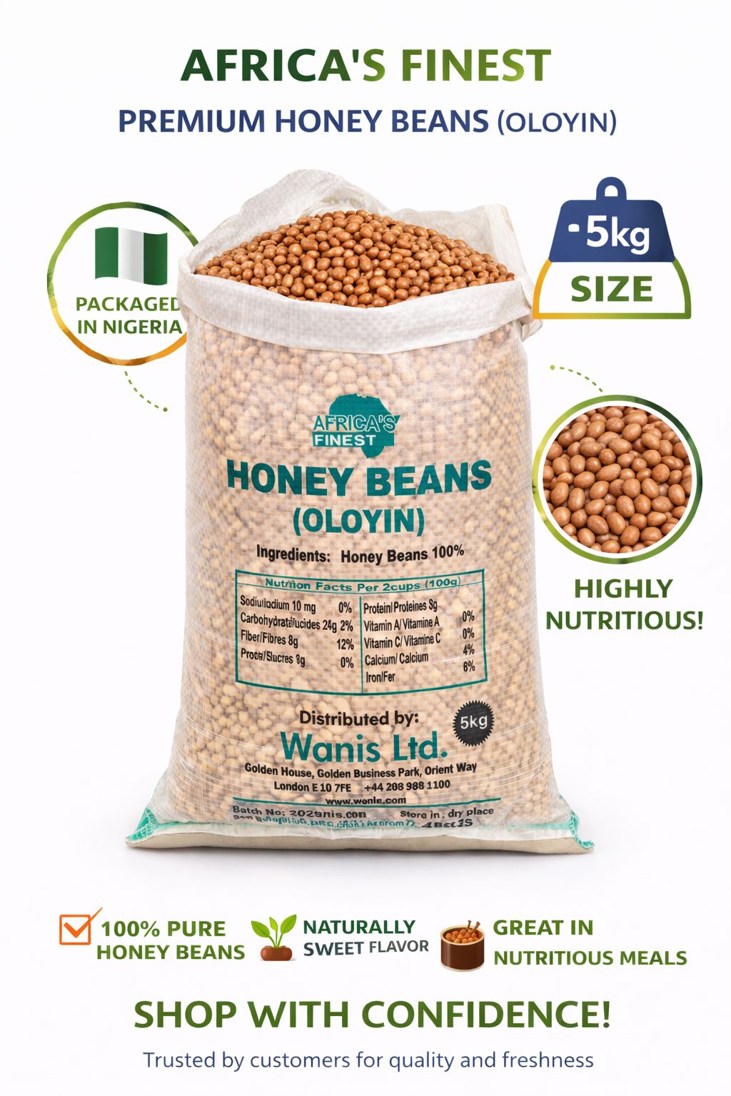 Africa’s Finest Honey Beans 5kg – Sweet Nigerian Beans Bulk Pack UK