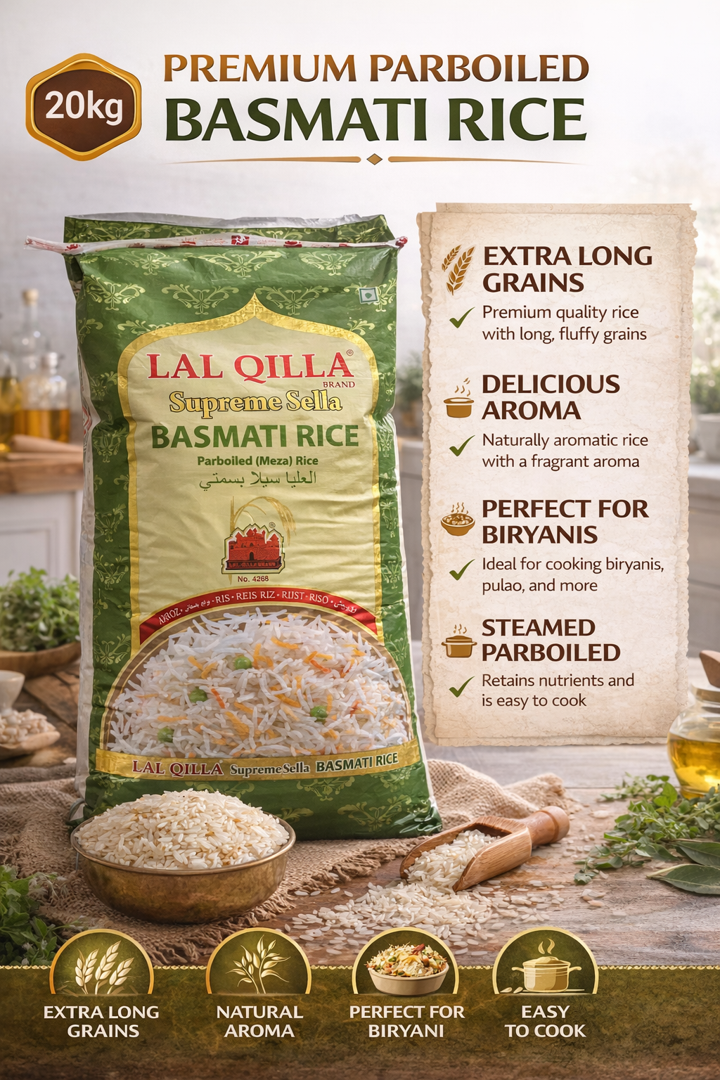 Lal Qilla Supreme Sella Basmati Rice 20kg – Premium Parboiled Bulk UK