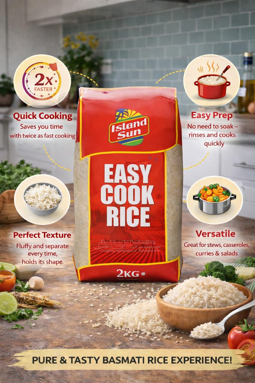 Island Sun Easy Cook Rice 2kg – Long Grain Easy Cook Rice for Fluffy Results | UK