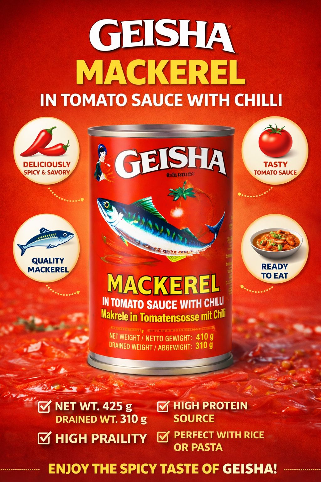 Geisha Mackerel with Chilli 155g – Spicy Mackerel in Tomato Sauce UK