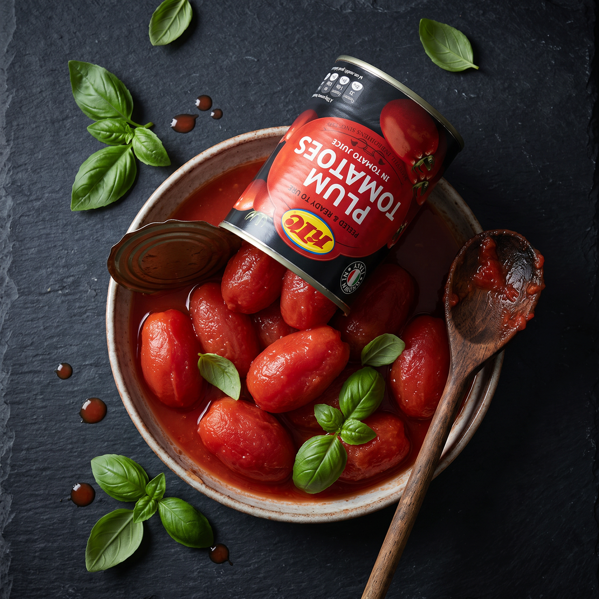 Open tin of KTC Peeled Plum Tomatoes with tomatoes tumbling into a dish