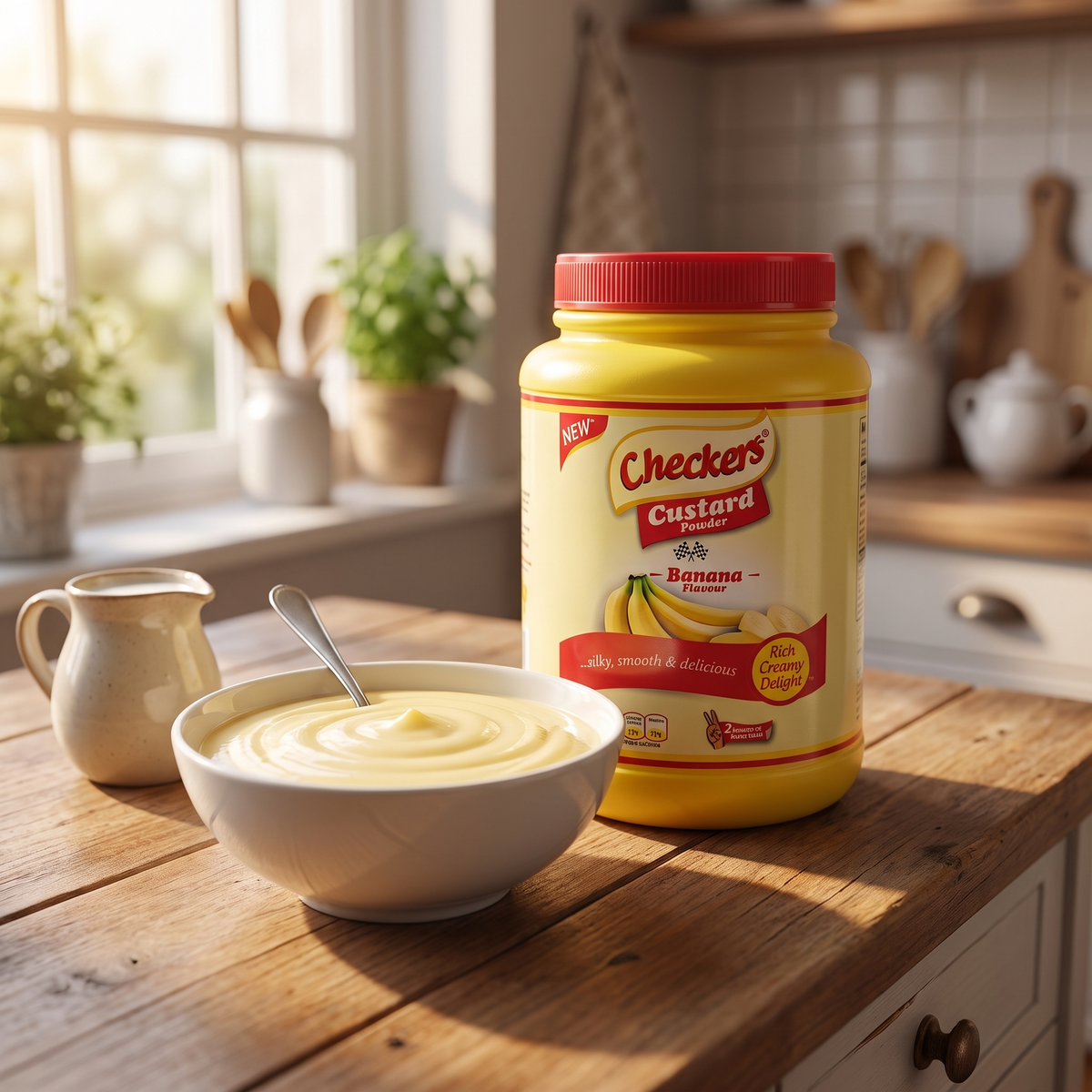 Checkers Milk Custard 1kg on a kitchen worktop with a bowl of creamy custard