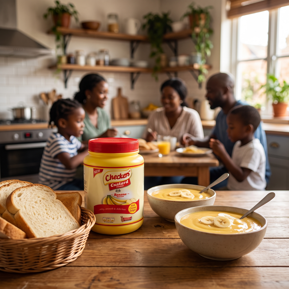 Checkers banana custard served for breakfast with bread