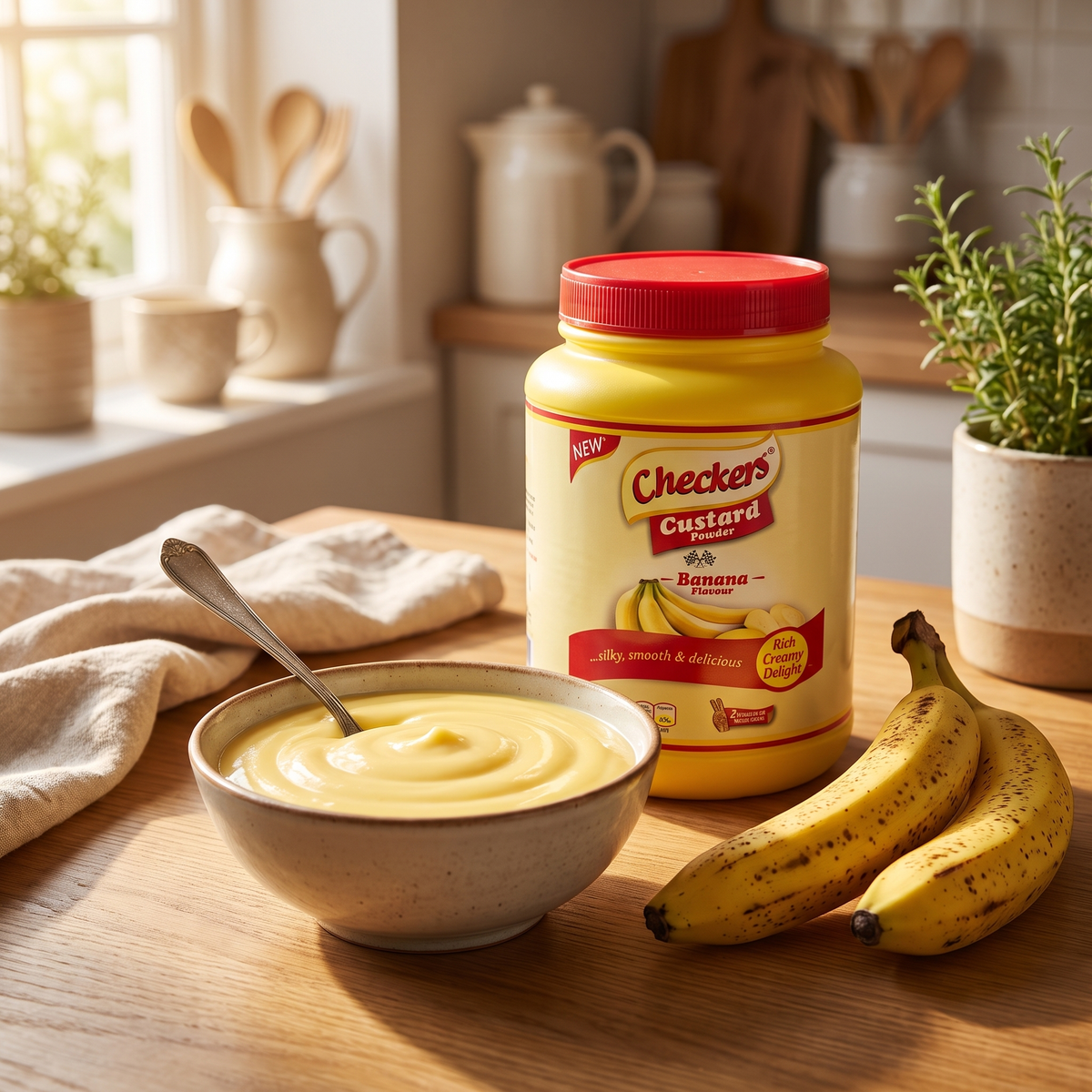 Checkers banana custard powder with a bowl of banana custard and ripe bananas