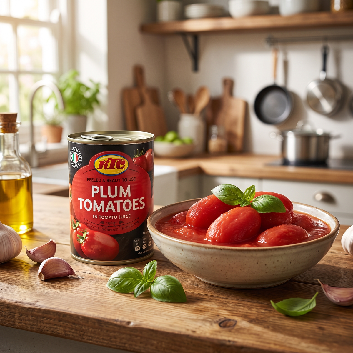 KTC Peeled Plum Tomatoes tin with peeled tomatoes, basil and garlic