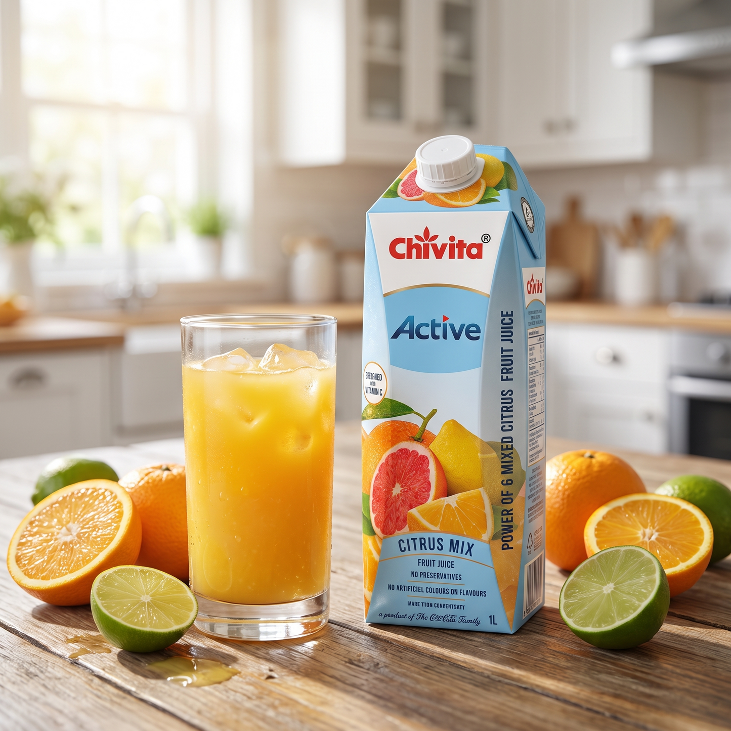 Chivita Active Citrus Mix with a glass of citrus juice at a breakfast table