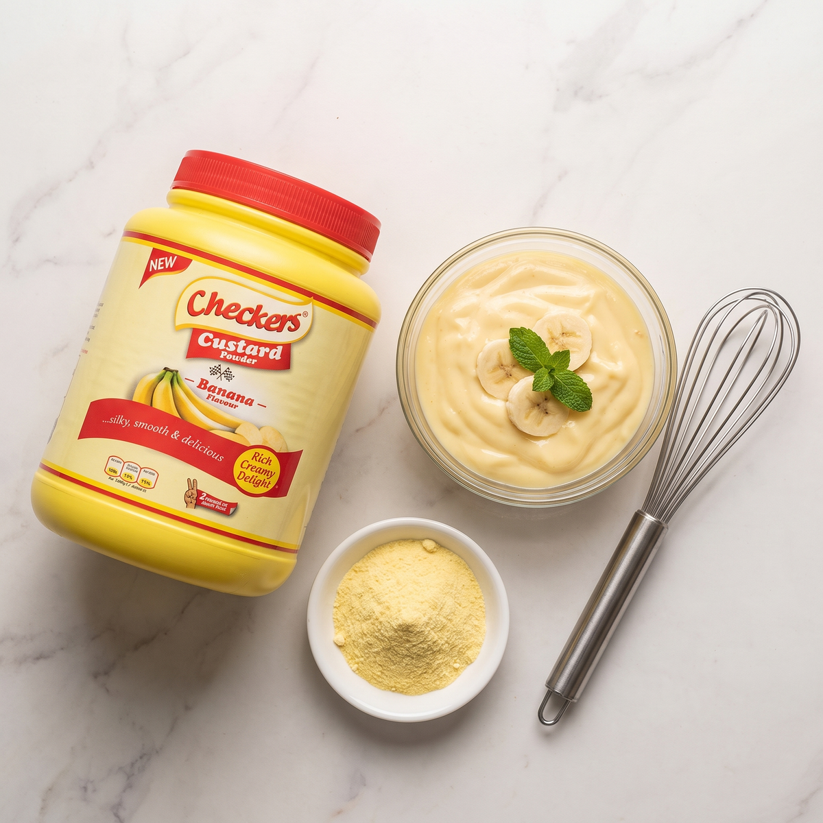 Checkers banana custard powder flat lay with whisk and prepared custard