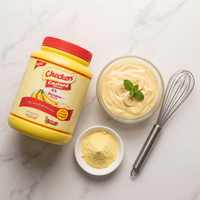Checkers banana custard powder flat lay with whisk and prepared custard