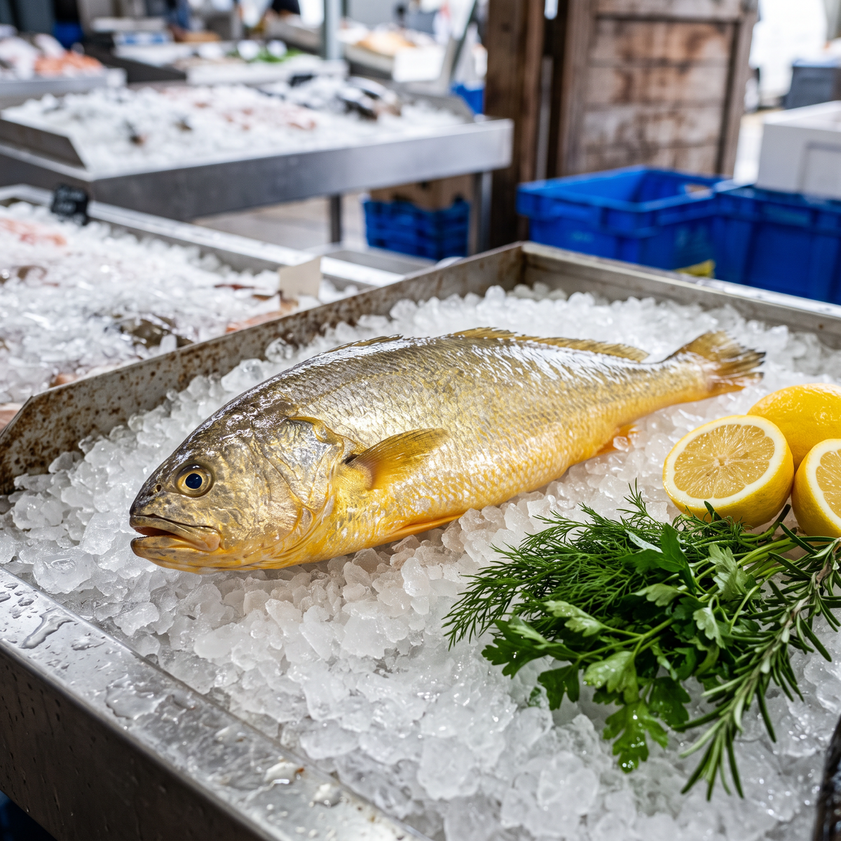Whole yellow croaker fish laid on crushed ice at a fishmonger counter