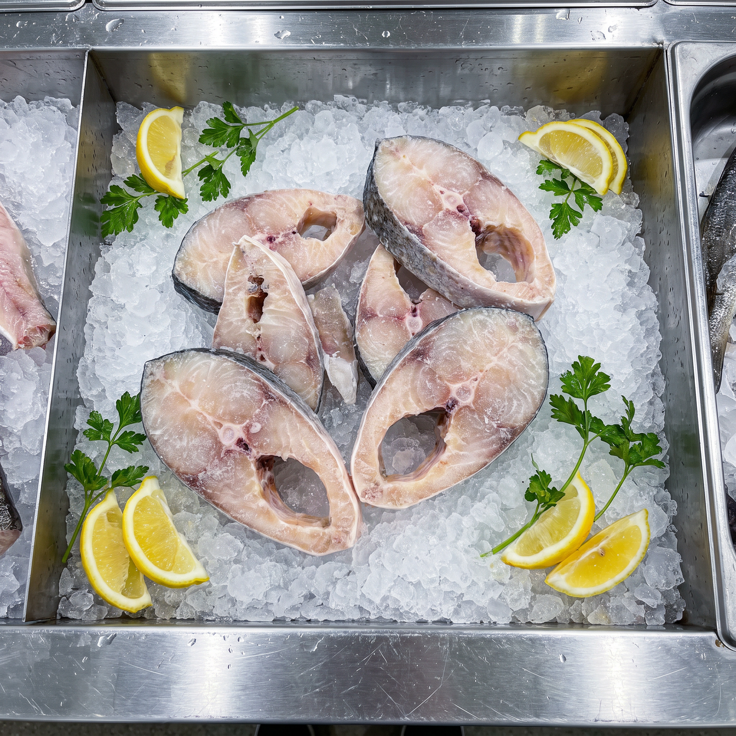 Yellow croaker fish steaks on crushed ice with lemon and parsley