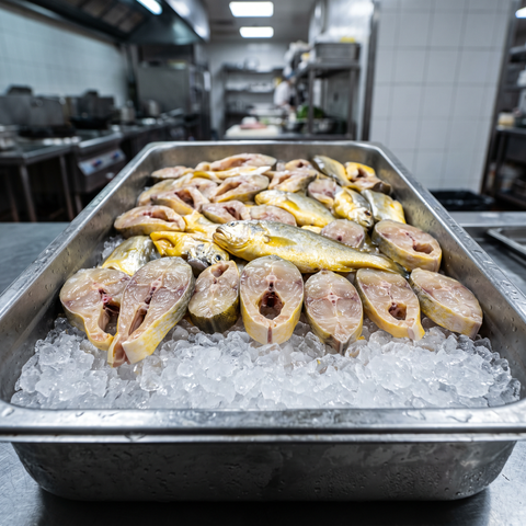 Catering tray of yellow croaker fish steaks packed on ice