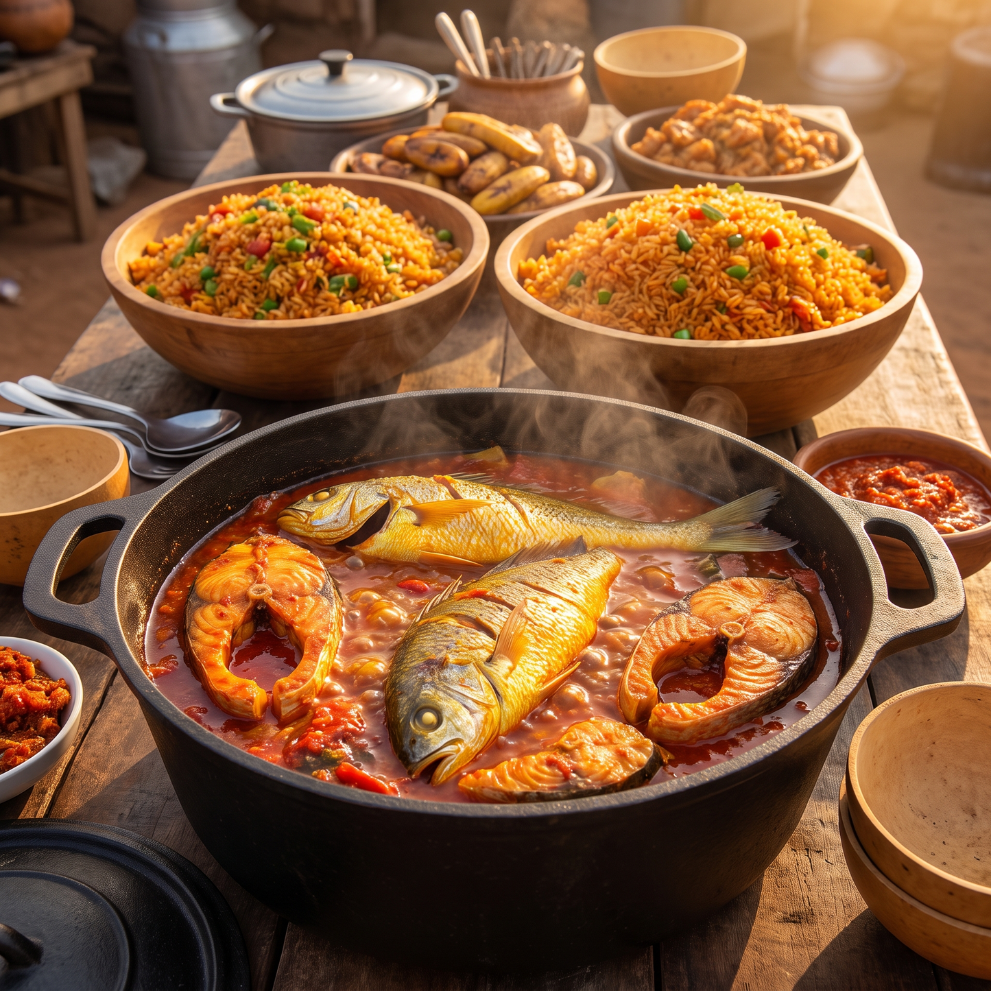 Large pot of croaker fish stew with jollof rice for a celebration