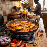 Yellow croaker fish steaks simmering in Nigerian pepper stew