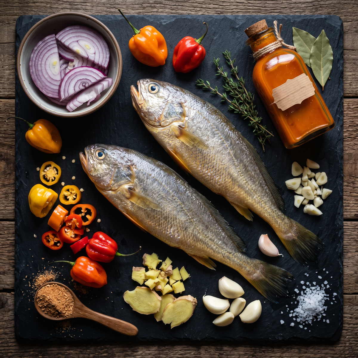 Whole raw yellow croaker fish with West African cooking aromatics