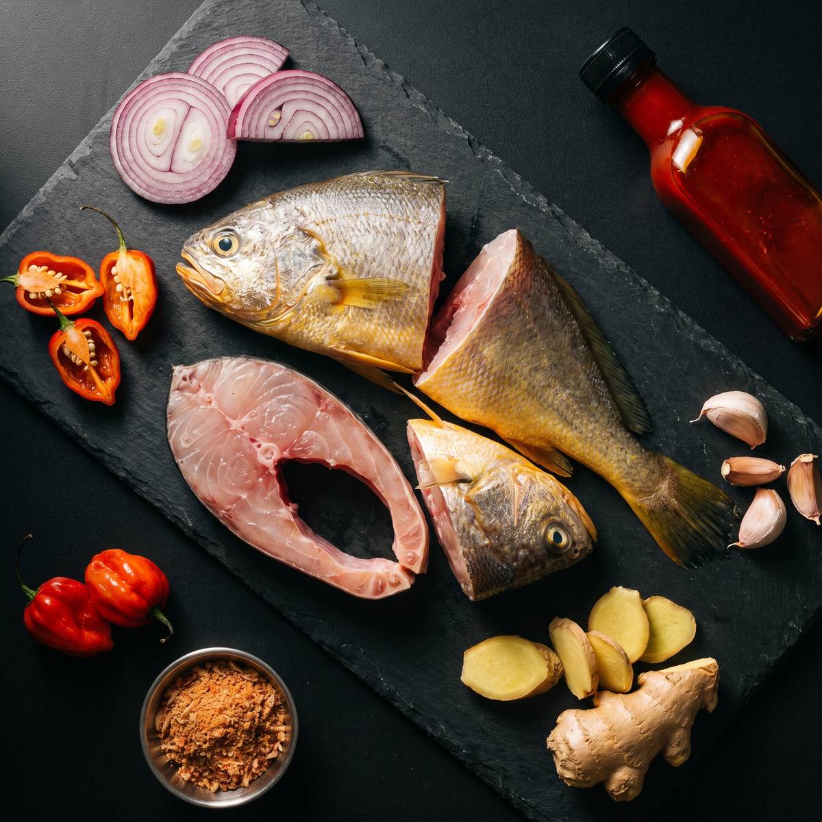 Yellow croaker fish steaks with West African cooking aromatics
