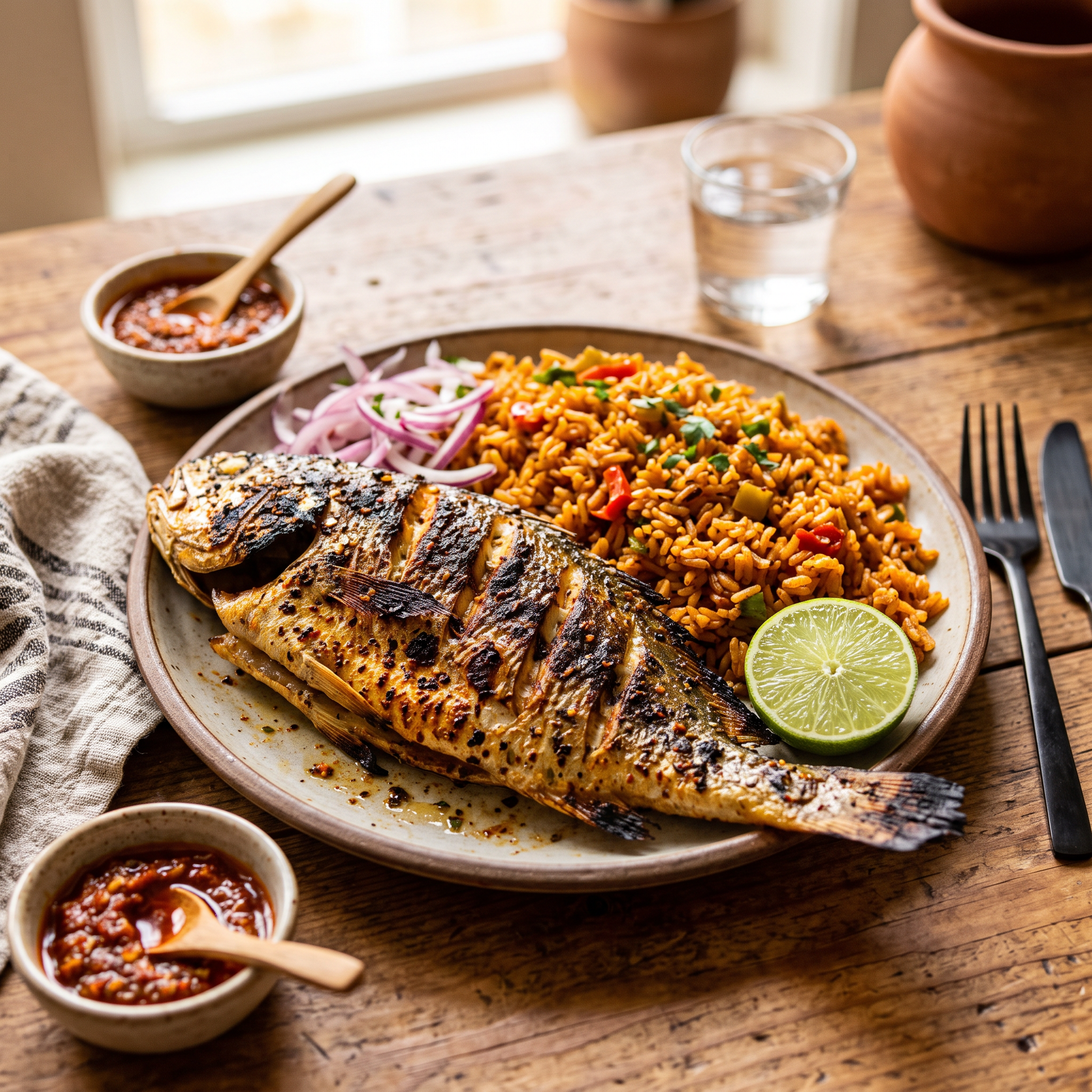 Whole grilled yellow croaker fish served with jollof rice