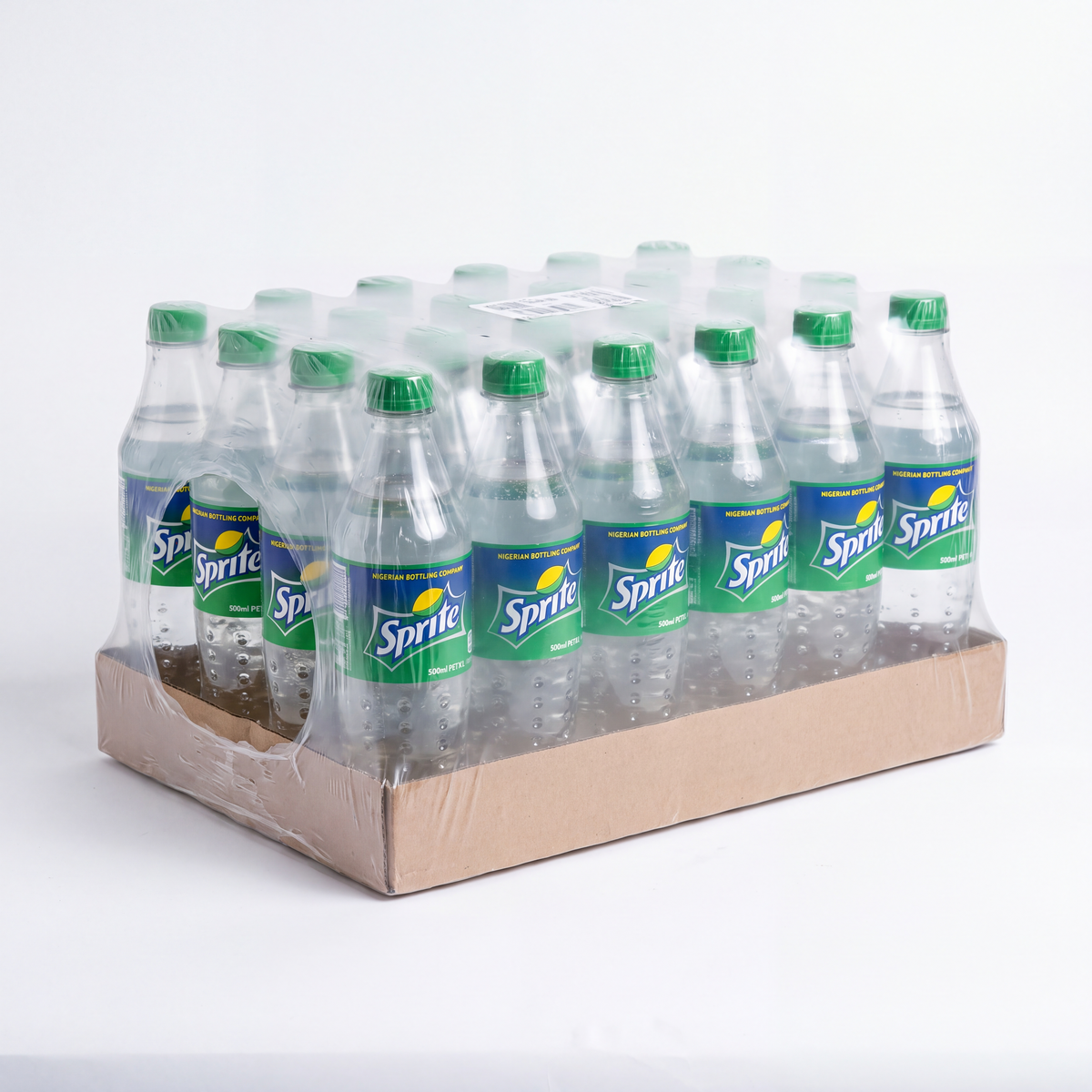 Carton of 24 Nigerian Sprite 50cl bottles on a white background