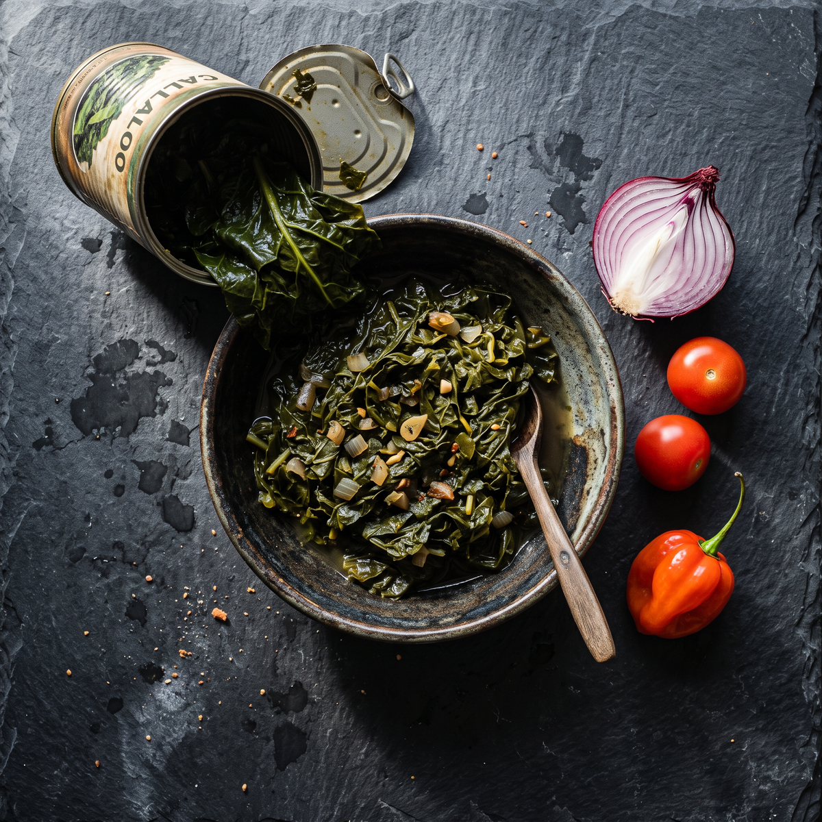 Opened tin of callaloo with onion, tomato and scotch bonnet