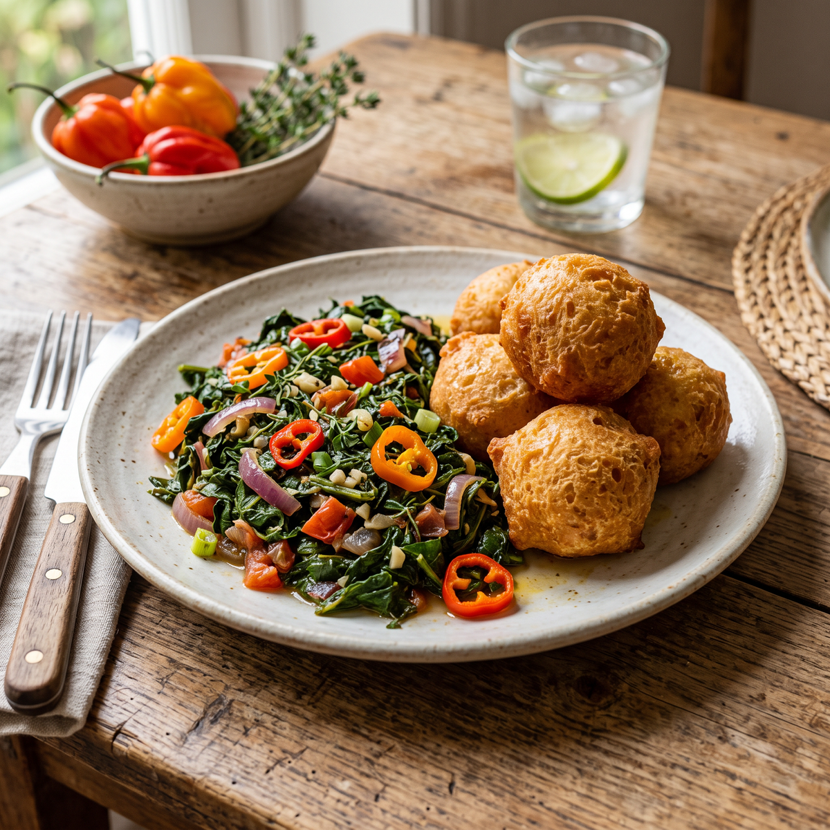 Plate of sauteed callaloo served with fried dumplings