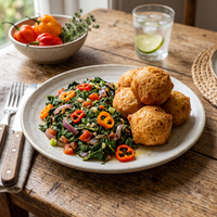 Plate of sauteed callaloo served with fried dumplings