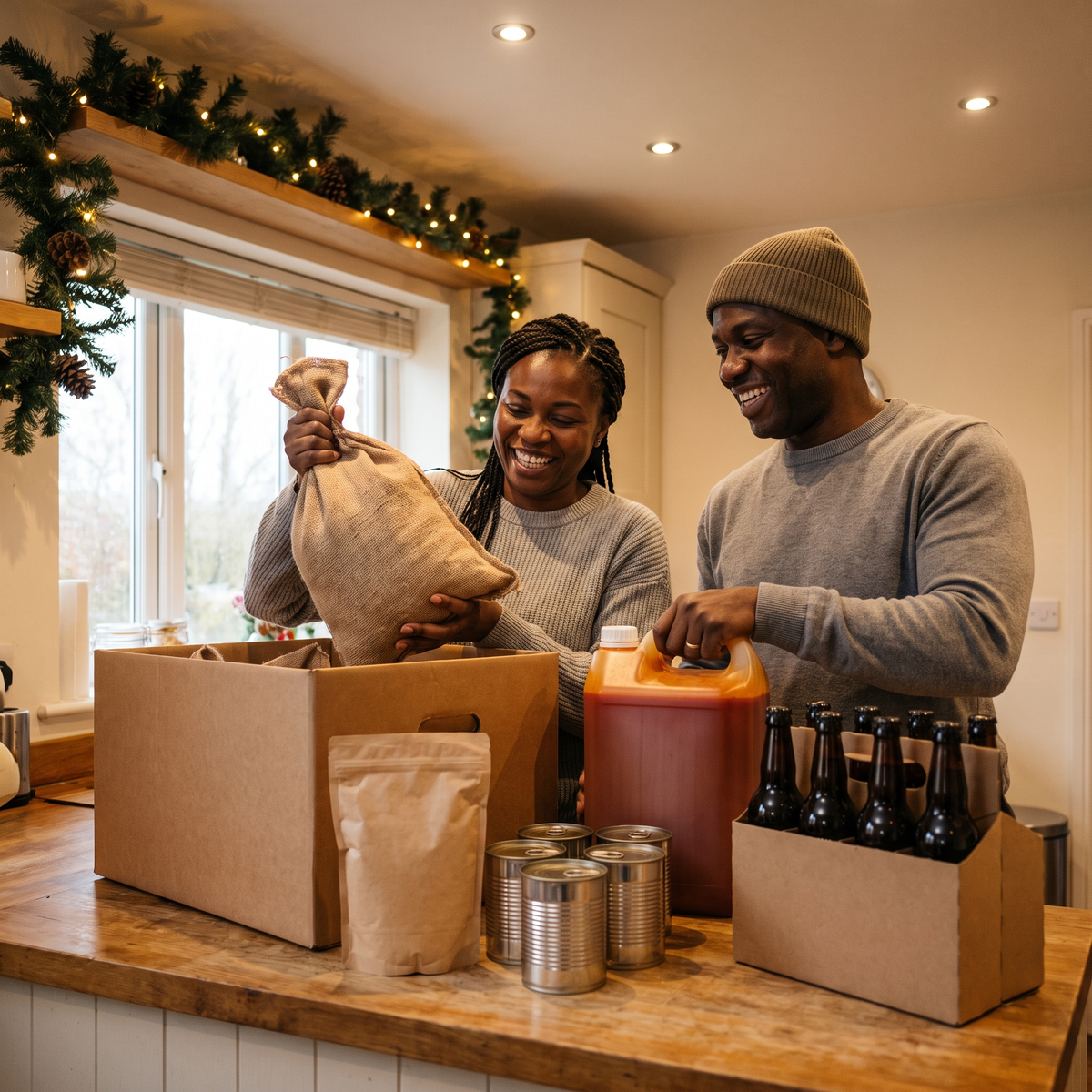 Couple unpacking a large African food hamper of rice and palm oil in a UK kitchen at Christmas
