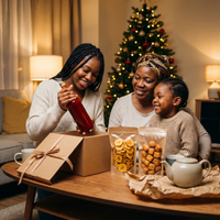 Family unwrapping a Nigerian Christmas food gift hamper with plantain chips and chin chin