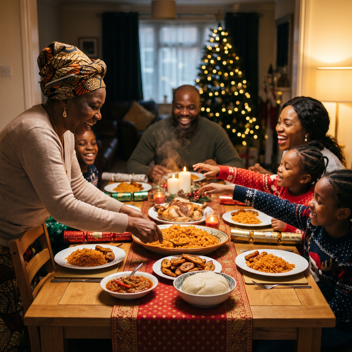 Grandmother serving jollof rice at a Nigerian family Christmas dinner in the UK