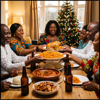 Nigerian family Christmas dinner table with jollof rice, roast chicken and fried plantain