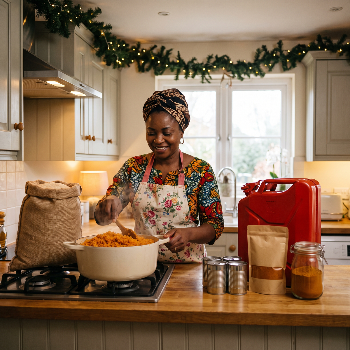 Woman cooking Nigerian jollof rice at Christmas with palm oil and seasoning on the worktop