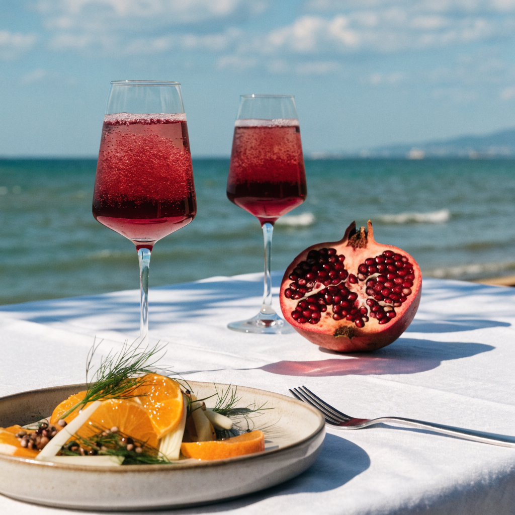 Serving suggestion: Mediterranean lunch table with pomegranate orange drinks and orange fennel salad