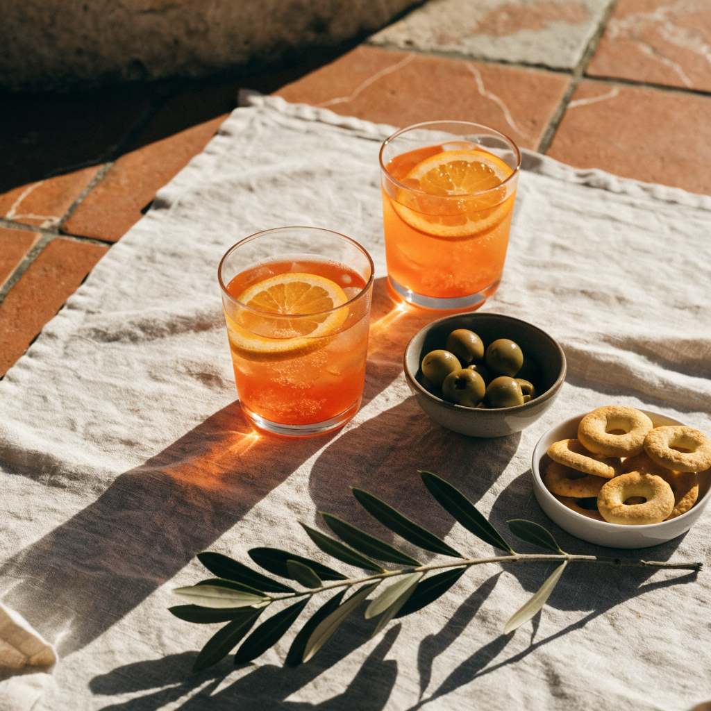 Serving suggestion: Italian aperitivo table with sparkling orange drinks, olives and taralli