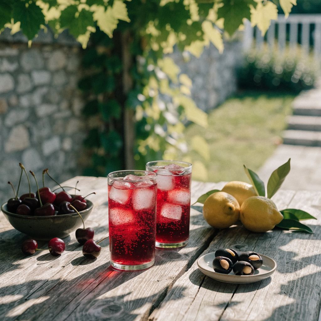 Serving suggestion: Italian terrace table with cherry drinks, fresh cherries and lemons