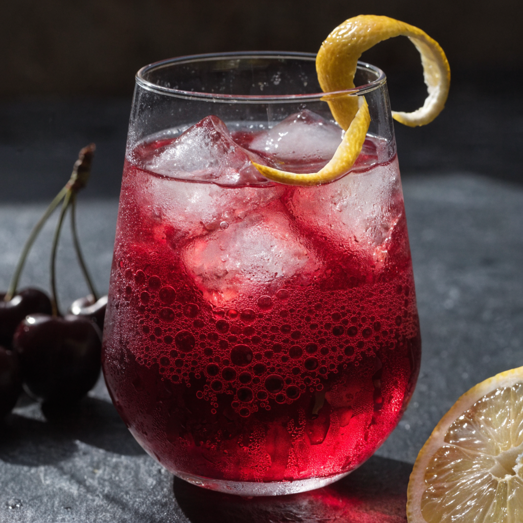 Serving suggestion: ruby red sparkling cherry and lemon drink over ice with lemon peel