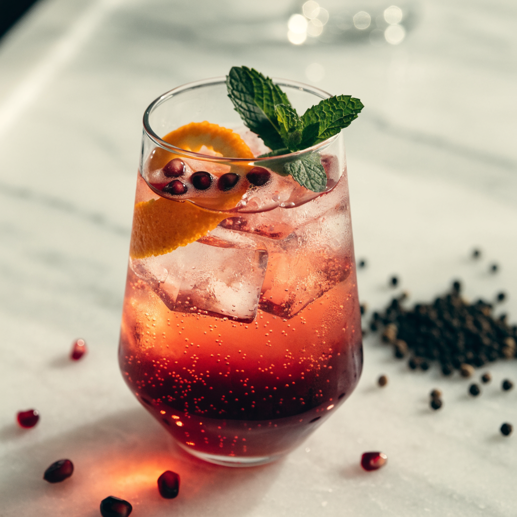 Serving suggestion: rose red sparkling pomegranate and orange drink with mint and pomegranate seeds