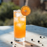 Serving suggestion: sparkling orange drink over ice with an orange wheel