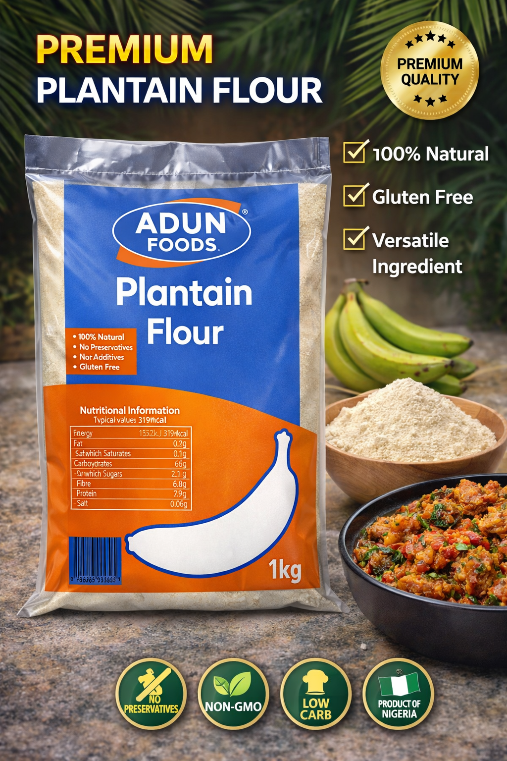 Adun Foods Plantain Flour 1kg – Gluten Free Plantain Flour for Swallow, Fufu & Baking | UK