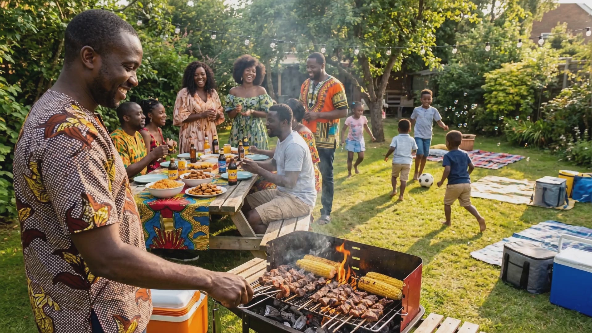 African diaspora summer BBQ party hero video - grill smoke, toasting adults, children playing - 8s 1080p with ambient audio