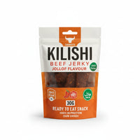 Packaged beef jerky with 'Kilishi' branding on a patterned background