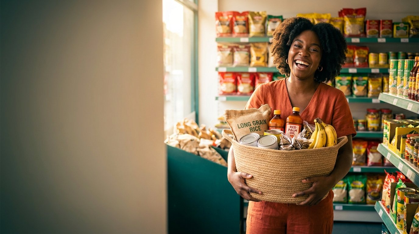 A shopper laughing while holding a basket of bulk African groceries